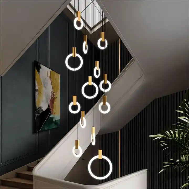 Hot sale Nordic light luxury round ring chandelier post-modern creative personality living room lamp villa staircase chandelier