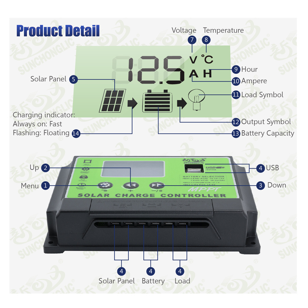 Sunchonglic solar regulator 12V 24V 60A dual USB charger controller mppt solar charger controller