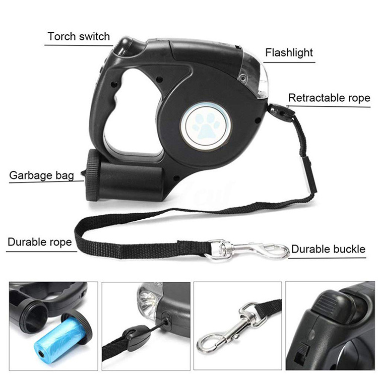 Luxury Led Flashlight All In 1 Retractable Multifunction Manufacturers Pet Poop Bag Holder Dog Leash With Light