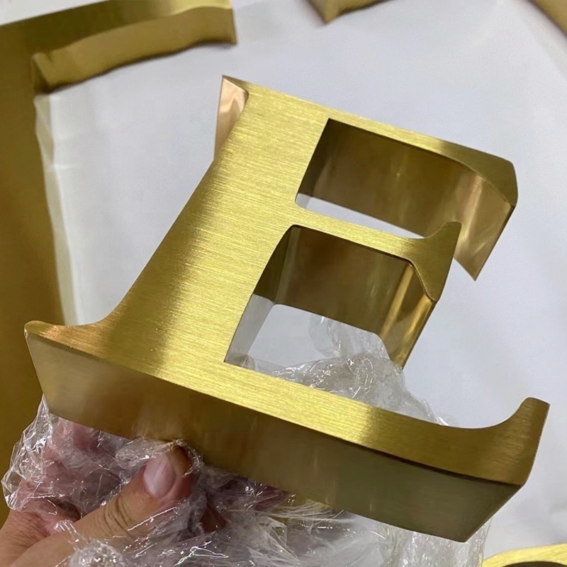 New arrival hair line brushed gold stainless steel alphabet letters embossed metal sign