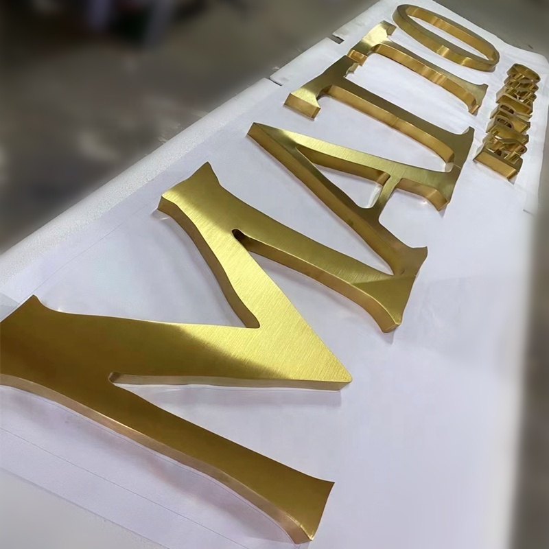 New arrival hair line brushed gold stainless steel alphabet letters embossed metal sign