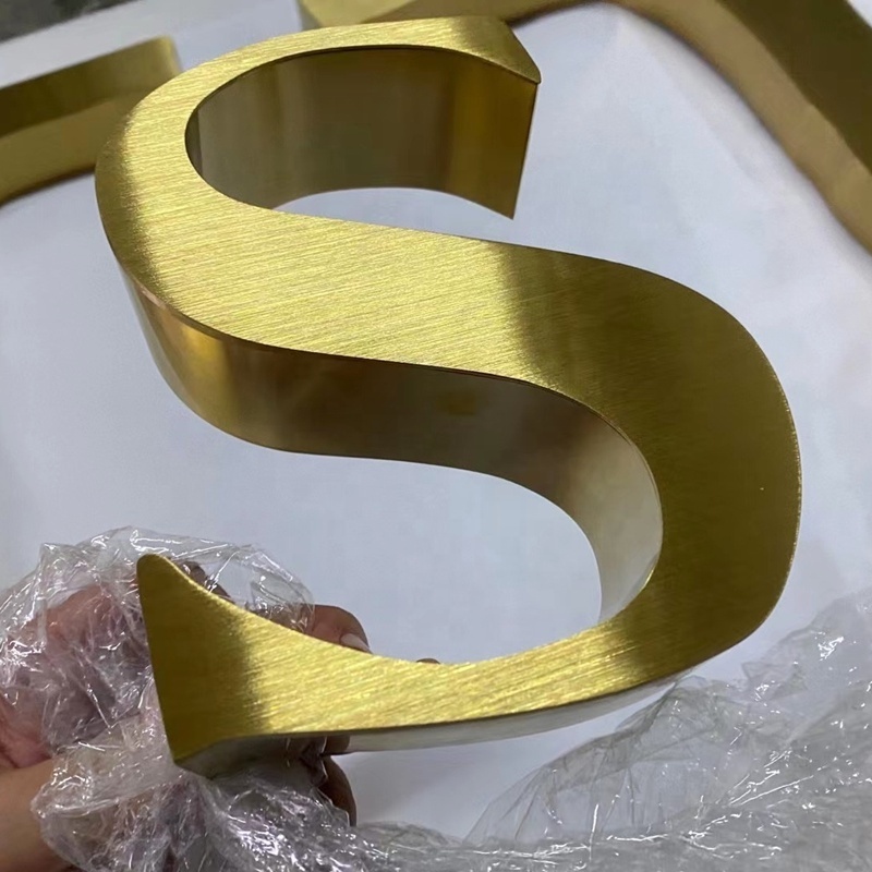 New arrival hair line brushed gold stainless steel alphabet letters embossed metal sign