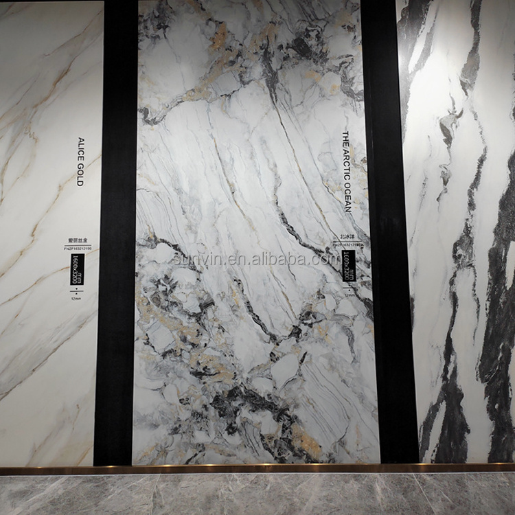 Slab Marble Look Sintered Stone Wall Panels Polished Tile Large Format Sintered Stone Slab For TV Background