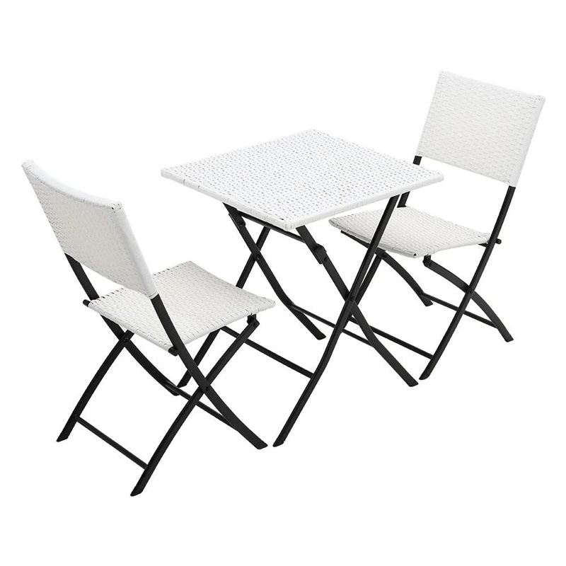 3 Pieces  Patio Wicker Garden Backyard Metal Bistro Coffee Table Rattan Furniture Folding chair  Table Set