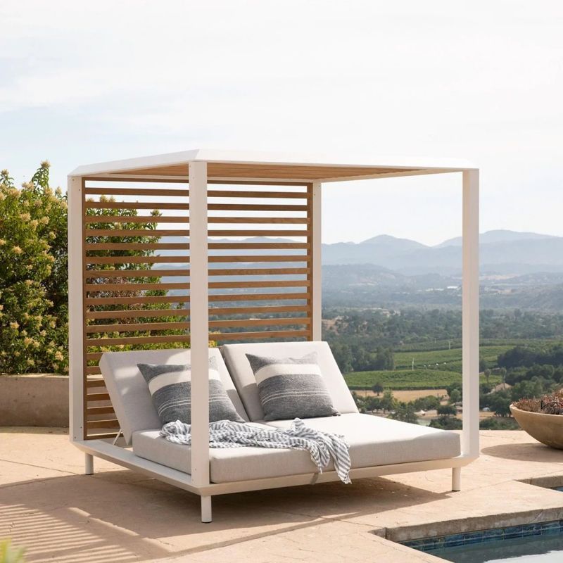 Square Garden furniture teak and aluminum luxury outdoor daybed lying outdoor cabana bed with curtains