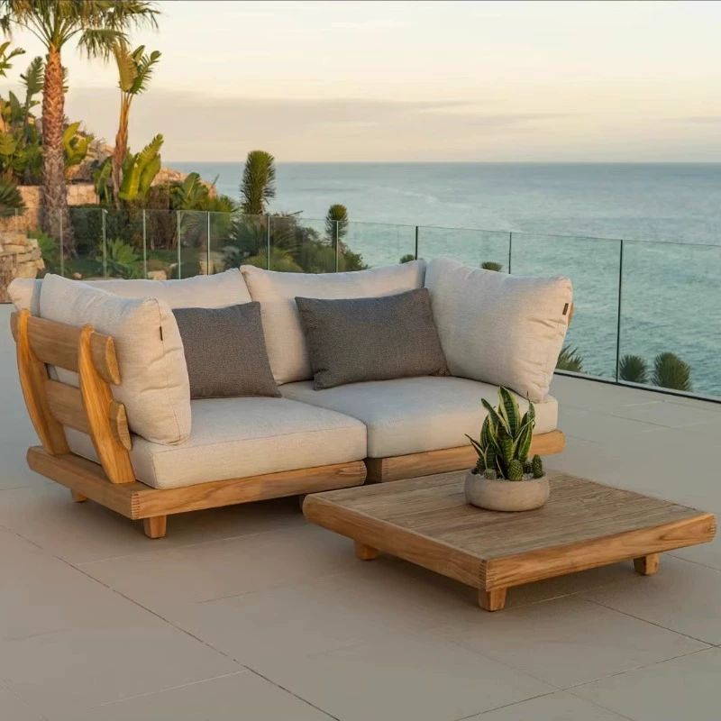 Modern Teak Wood Furniture with Cushions Sofa Set Living Room Garden Patio Hotel Sectional L Shape Outdoor Sofa