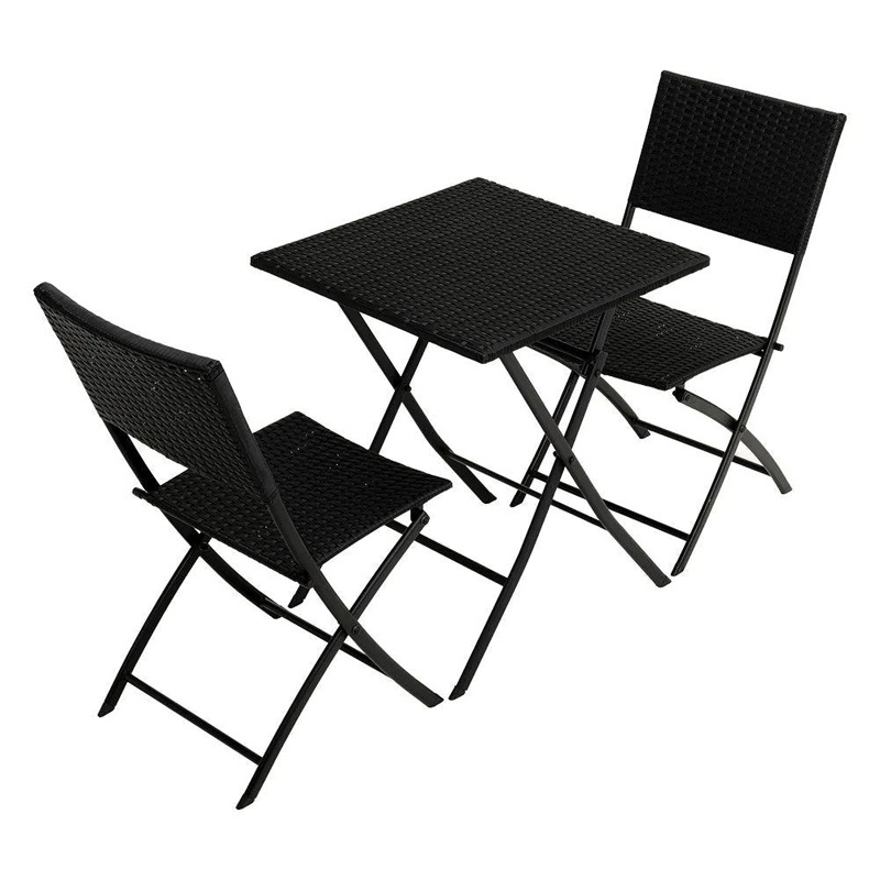 3 Pieces  Patio Wicker Garden Backyard Metal Bistro Coffee Table Rattan Furniture Folding chair  Table Set