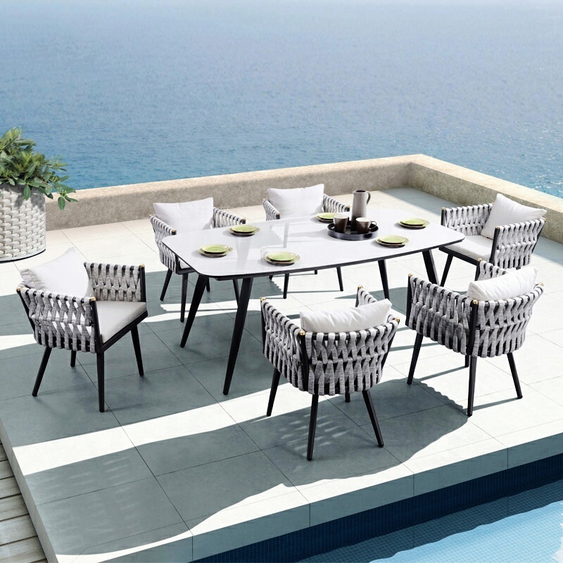 Outdoor Dining Table And Chair Set Patio Coffee Dinning Table Set Wicker Rattan Rope Modern Aluminum Garden Set