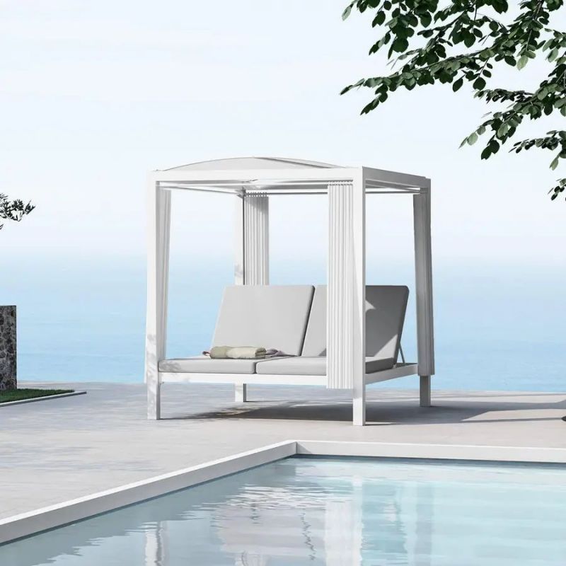 Square Garden furniture teak and aluminum luxury outdoor daybed lying outdoor cabana bed with curtains