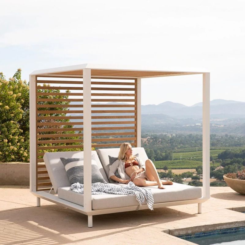 Square Garden furniture teak and aluminum luxury outdoor daybed lying outdoor cabana bed with curtains