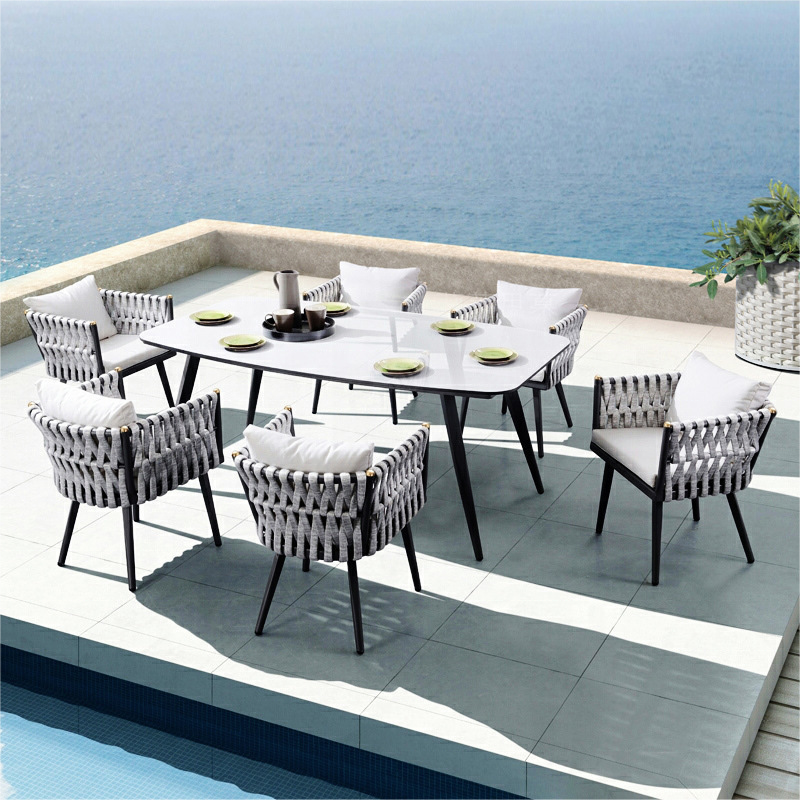 Outdoor Dining Table And Chair Set Patio Coffee Dinning Table Set Wicker Rattan Rope Modern Aluminum Garden Set