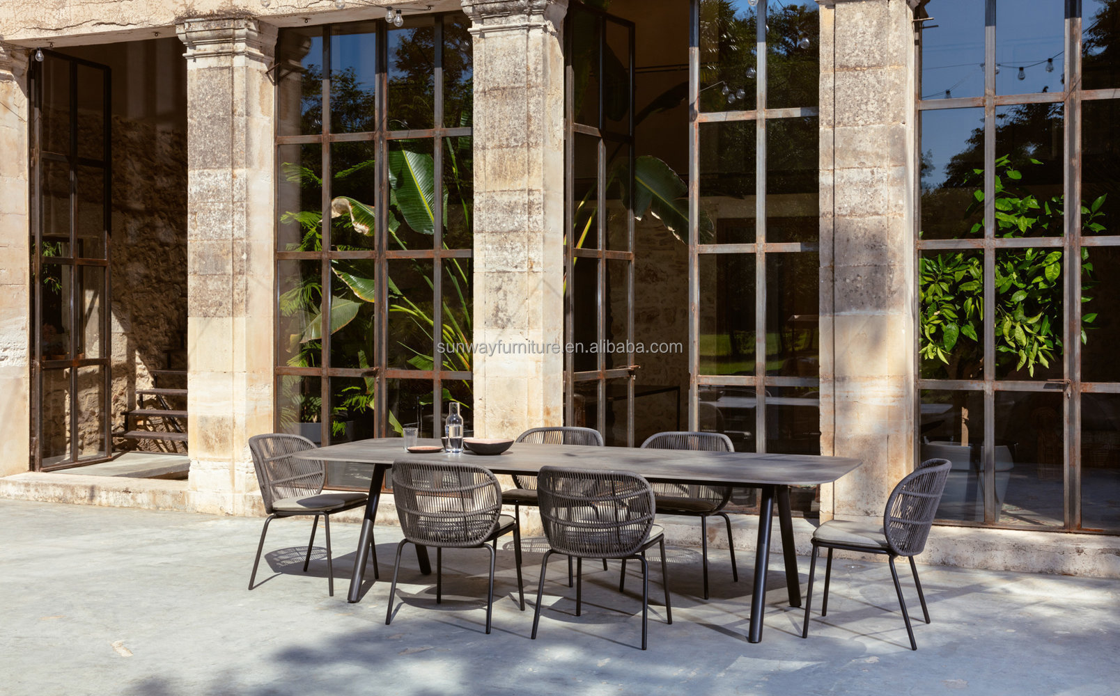 Morden Aluminum With Ceramic Table Top Villa Aluminum Outdoor Rope Woven Dining Table Chair Set