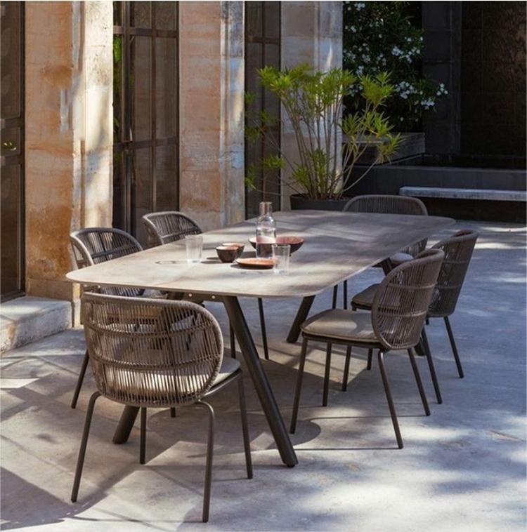 Morden Aluminum With Ceramic Table Top Villa Aluminum Outdoor Rope Woven Dining Table Chair Set