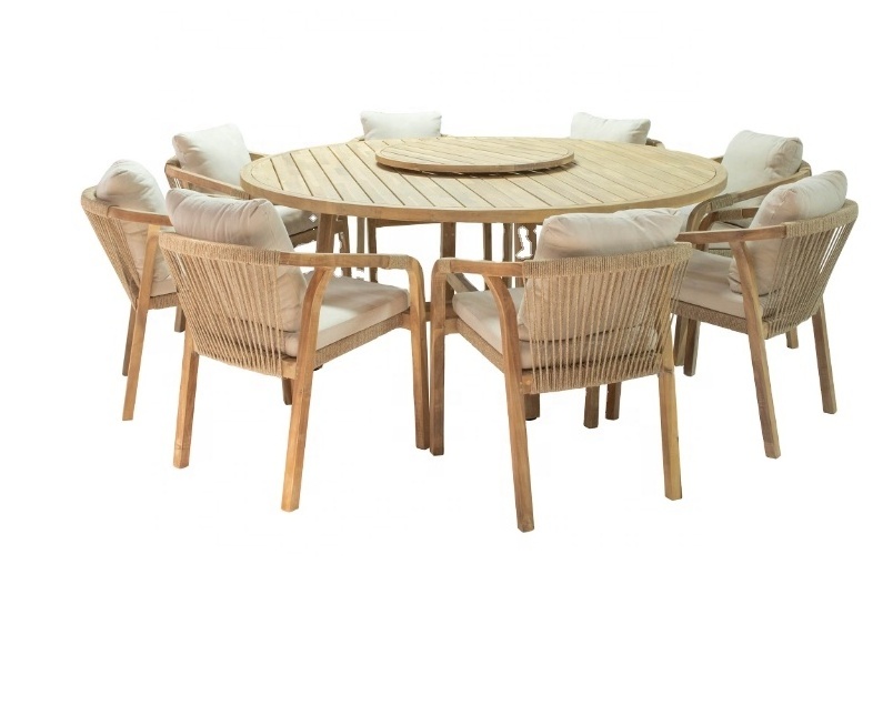 Patio Garden furniture 8 Seater Woven Rope  and Teak Wood Dining Chairs and Teak Wood Dining Table with Lasy Susan