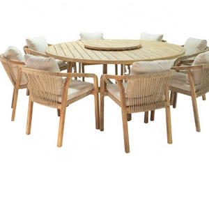 Patio Garden furniture 8 Seater Woven Rope  and Teak Wood Dining Chairs and Teak Wood Dining Table with Lasy Susan