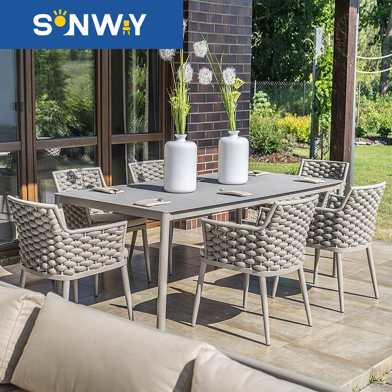 Outdoor Hotel Furniture Villa Garden Patio Table And Chair Aluminum Frame Rope Woven Outdoor Dining Table And Chairs