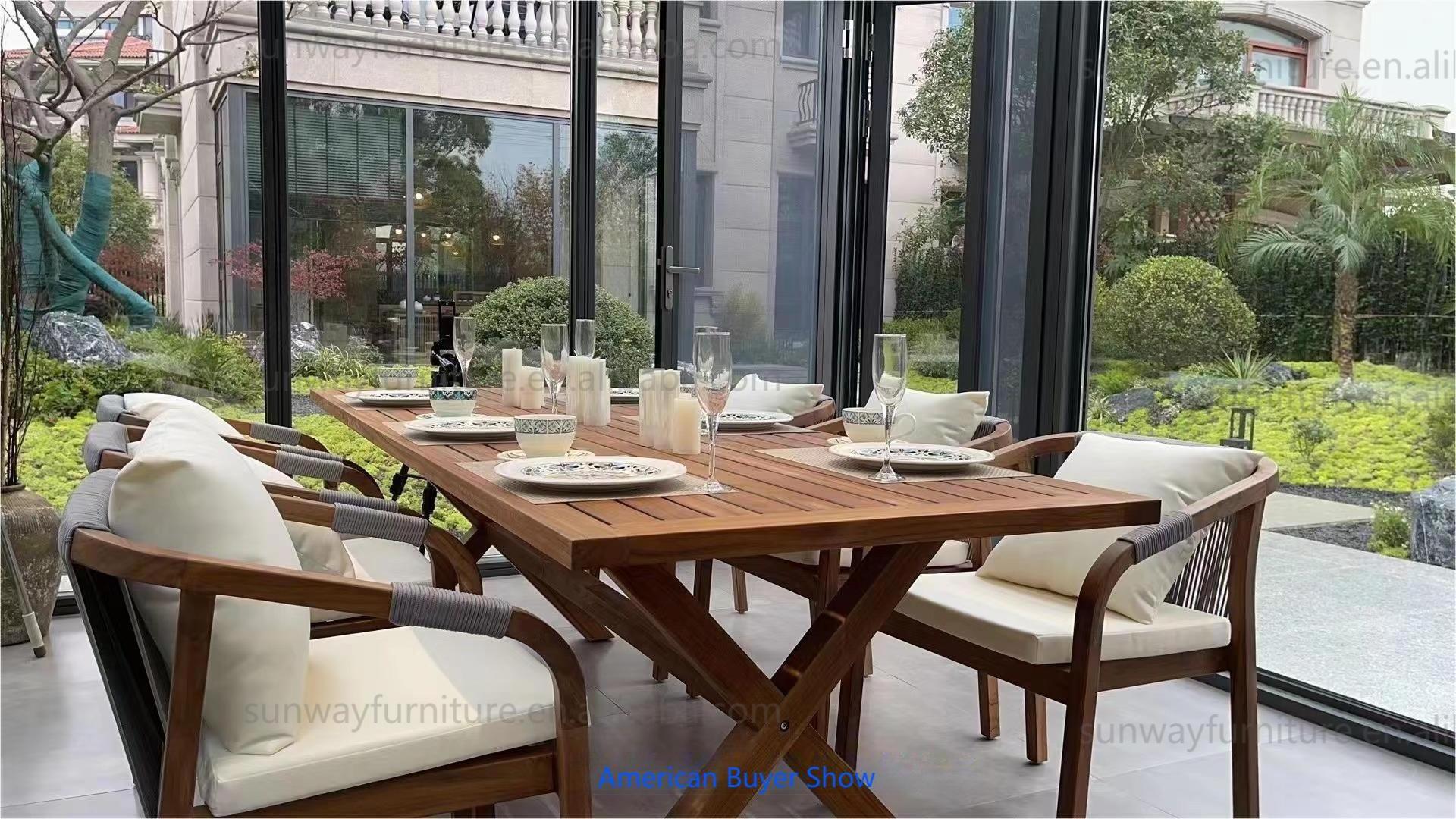 Patio Garden furniture 8 Seater Woven Rope  and Teak Wood Dining Chairs and Teak Wood Dining Table with Lasy Susan