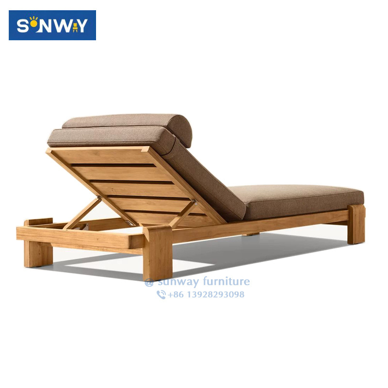 Outdoor Chaise Lounge Chair Teak wood Double Sunbed Waterproof Swimming Pool Beach Hotel Deck Chair