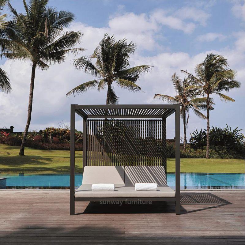 Leisure beach poolside sun bed with canopy garden bed frame outdoor awning backyard sun loungers hotel furniture