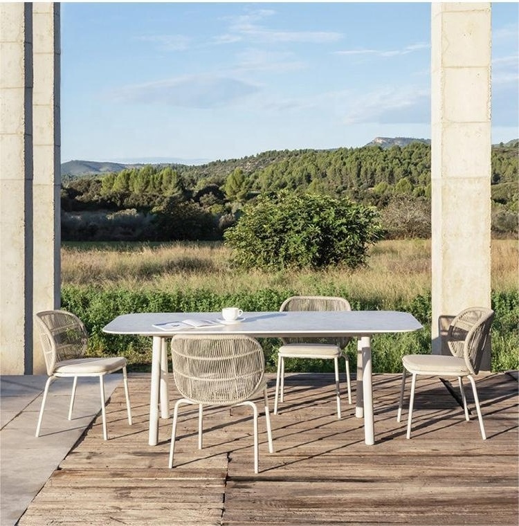 Morden Aluminum With Ceramic Table Top Villa Aluminum Outdoor Rope Woven Dining Table Chair Set