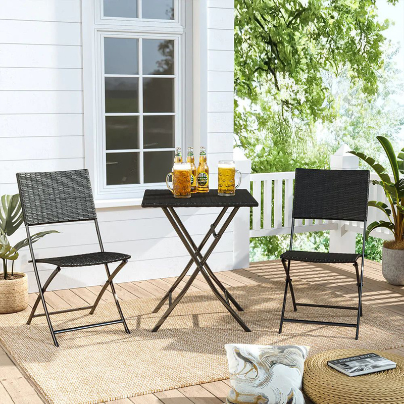 3 Pieces  Patio Wicker Garden Backyard Metal Bistro Coffee Table Rattan Furniture Folding chair  Table Set