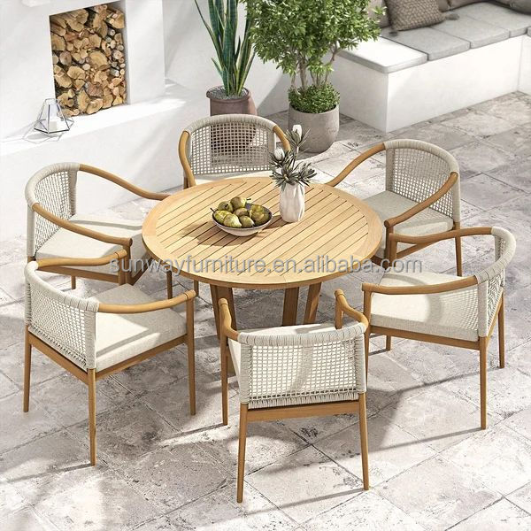 Patio Garden furniture 8 Seater Woven Rope  and Teak Wood Dining Chairs and Teak Wood Dining Table with Lasy Susan