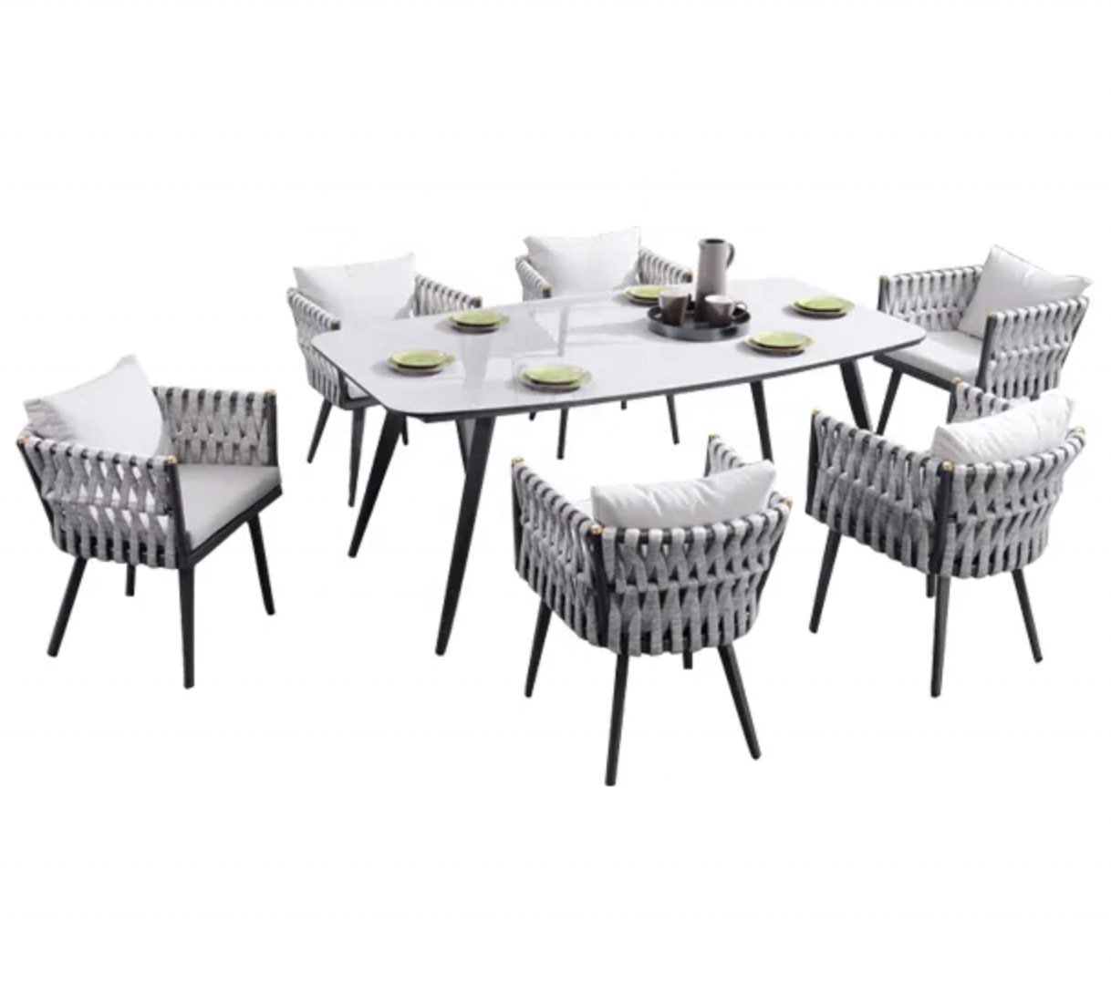 Outdoor Dining Table And Chair Set Patio Coffee Dinning Table Set Wicker Rattan Rope Modern Aluminum Garden Set