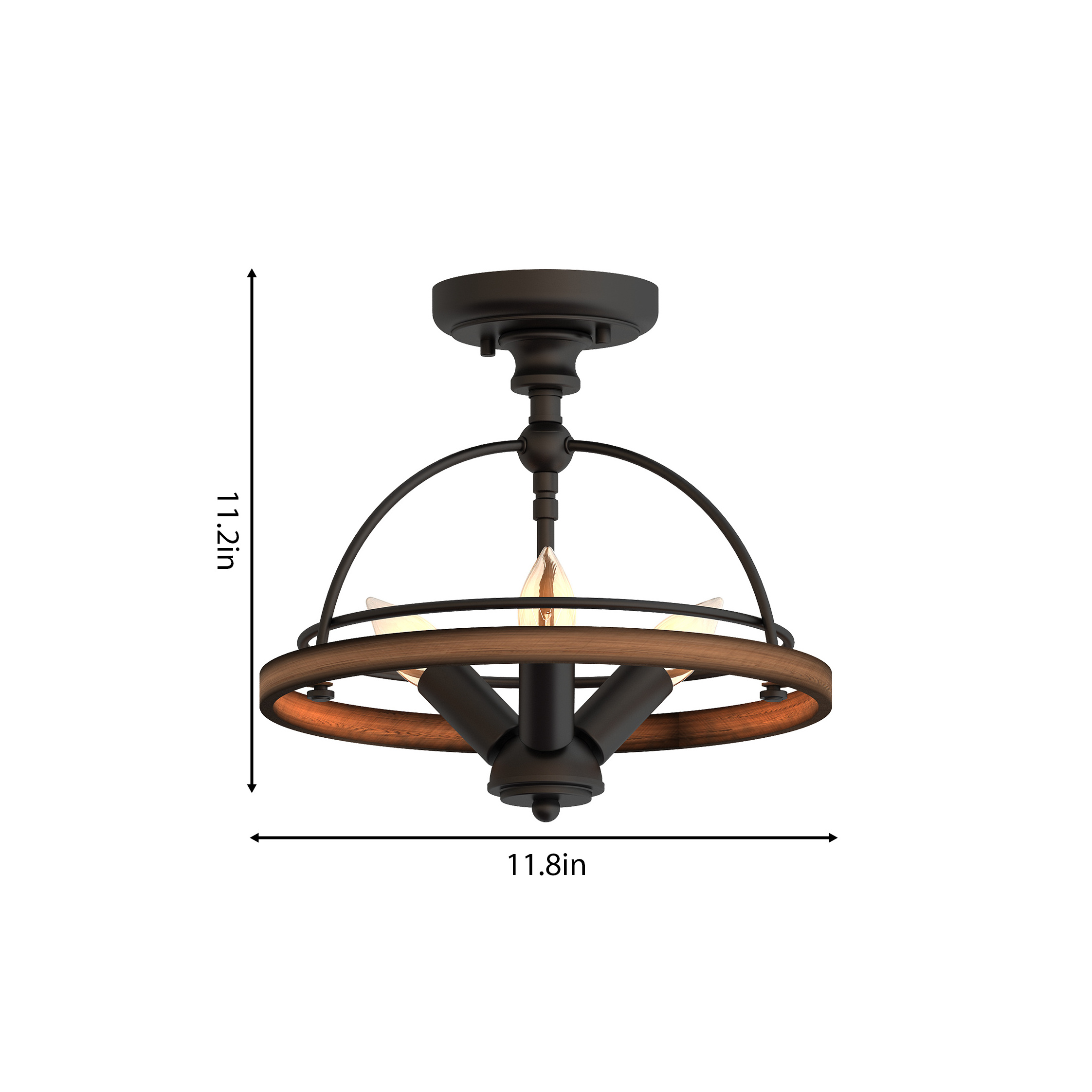 Retro Art Unique Solid Wood Semi Flush Mount 3-Light Metal and Wood Ceiling Light Kitchen Entryway Living Room