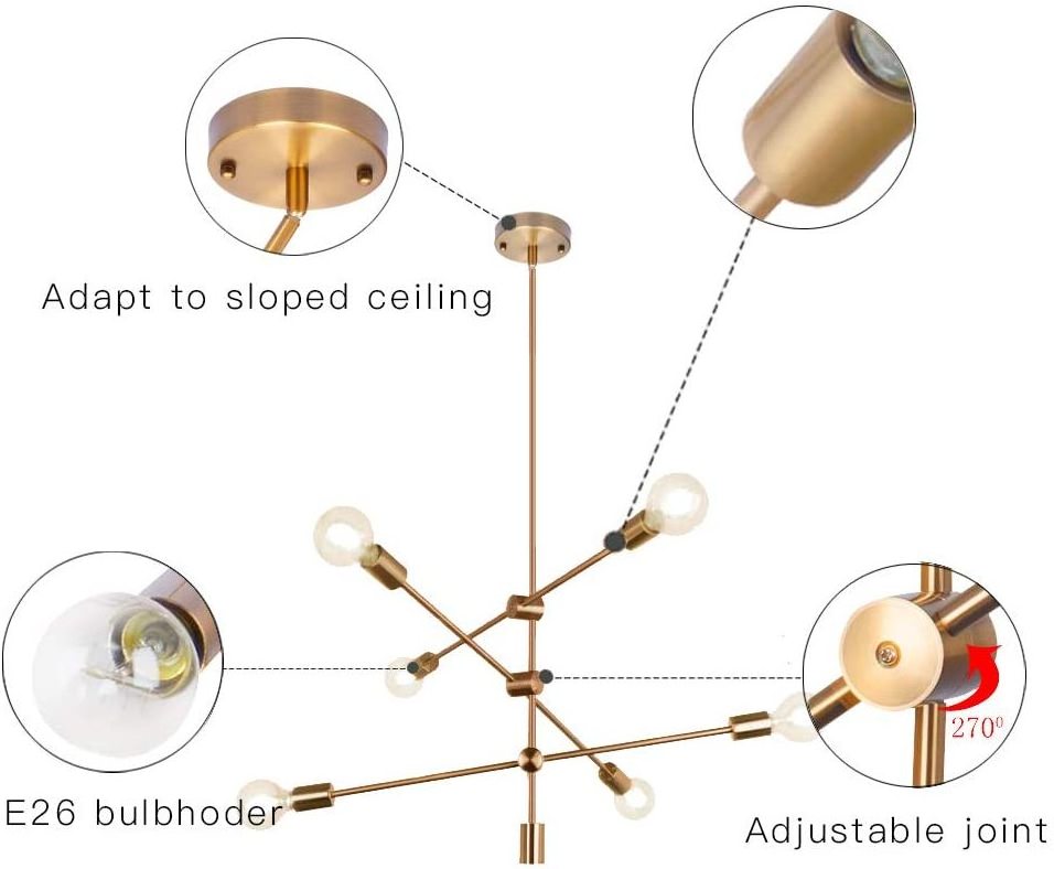 6-Light Sputnik Chandelier Modern Design Black Brass Hanging Pendant Lightings Fixtures for Kitchen Dining Living Room