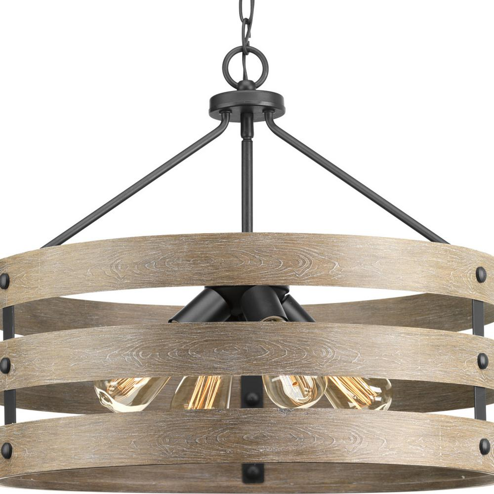 Farmhouse Wood Drum Cage Pendant Light Antique 4-Light Hanging Chandelier Fixture For Living Dining Room Kitchen