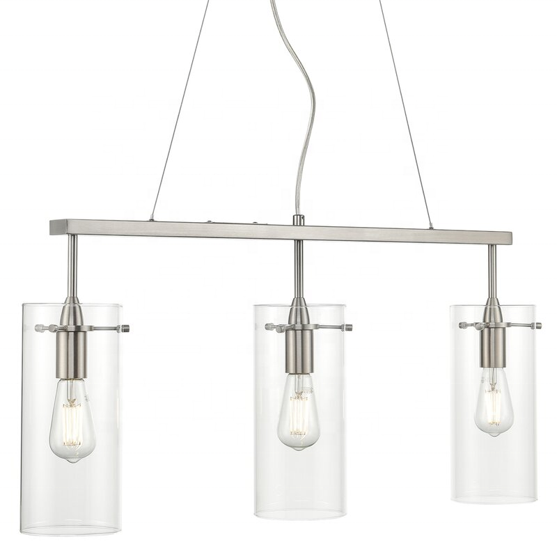 Industrial 3 Lights Satin Nickel Fixtures Modern Chandelier Pendant With Clear Glass For Kitchen Island Dining Room