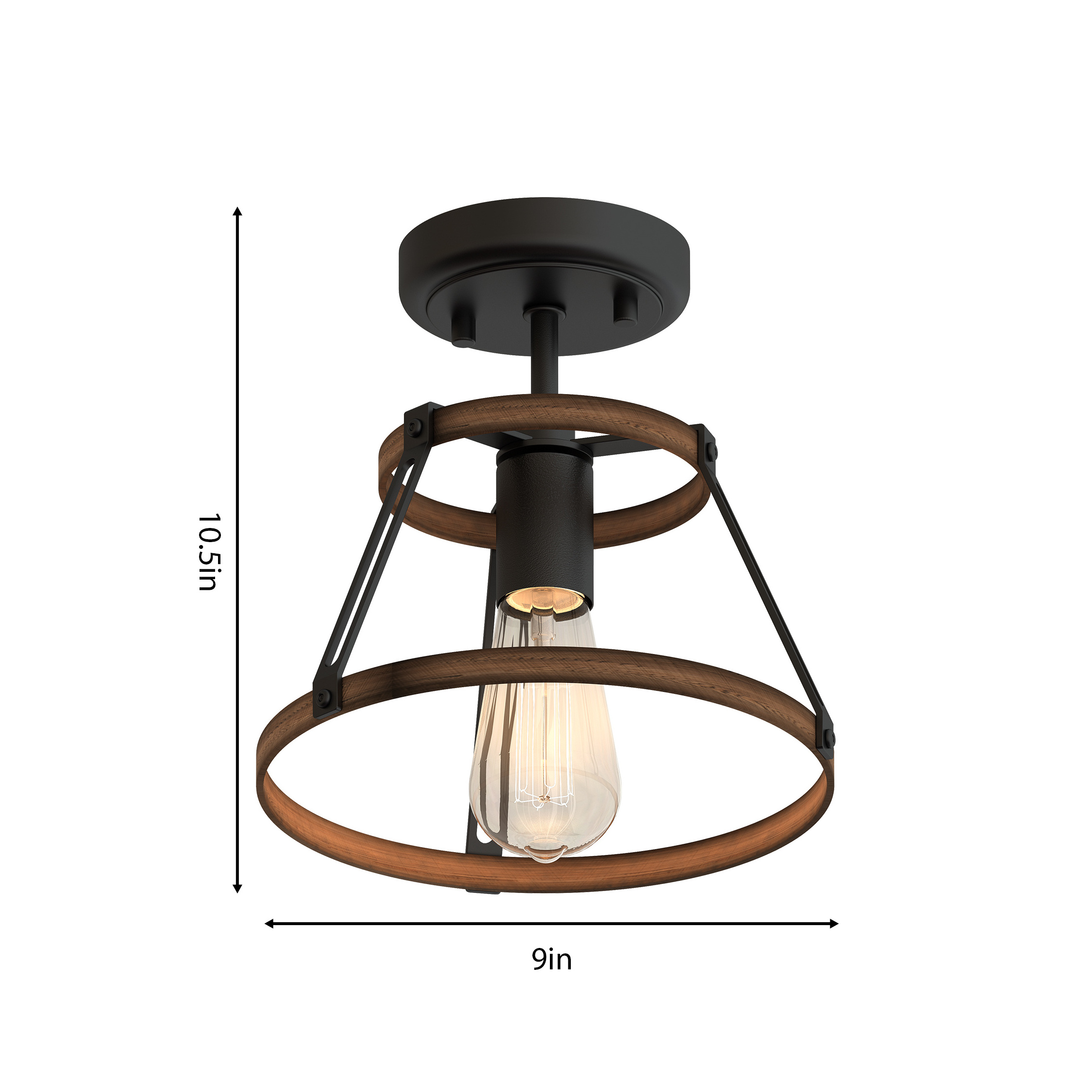 Industrial Mini Farmhouse Rustic Semi Flush Mount Ceiling Light Metal and Wood Bedroom Lamp Fixture For Hallway