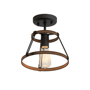 Industrial Mini Farmhouse Rustic Semi Flush Mount Ceiling Light Metal and Wood Bedroom Lamp Fixture For Hallway