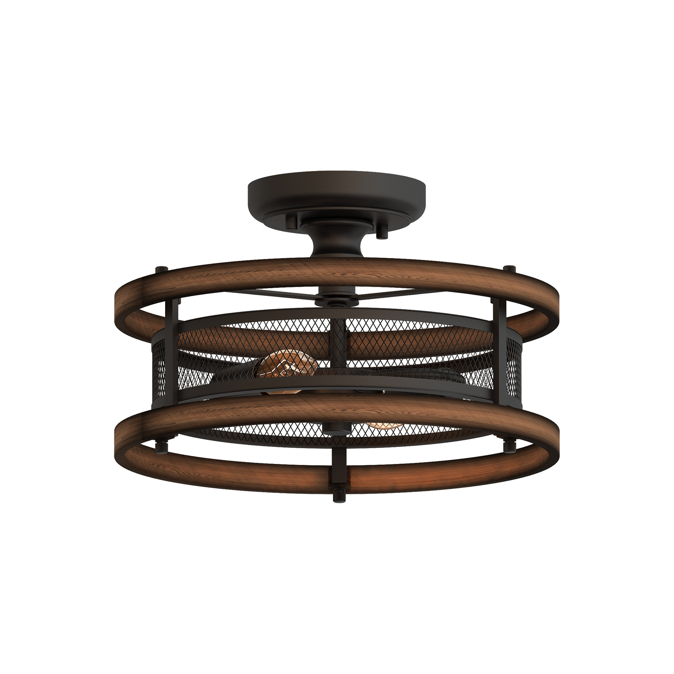 Rustic 2-Light Wood Semi Flush Mount Mini Chandelier E12 Matt Black Ceiling Light Fixture