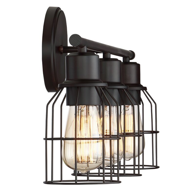 Contemporary Industrial Iron Wire Cages Matt Black 3-Light Bathroom Vanity Light Wall Sconce Fixtures