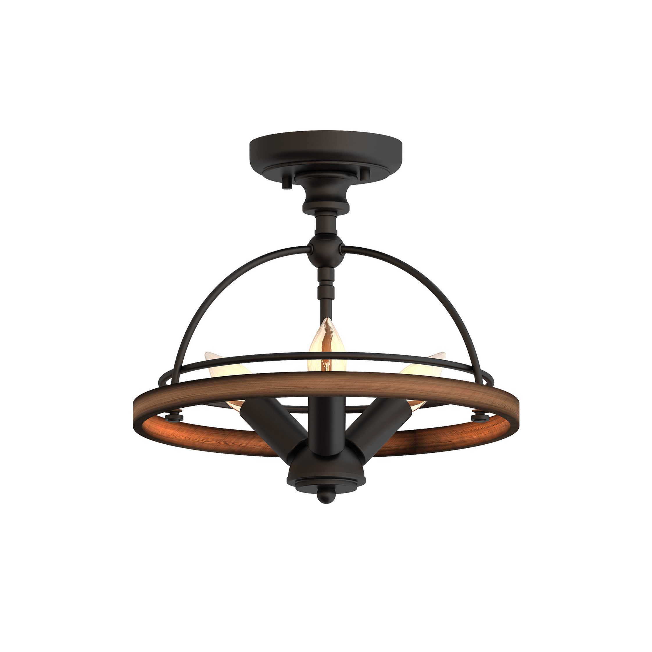 Retro Art Unique Solid Wood Semi Flush Mount 3-Light Metal and Wood Ceiling Light Kitchen Entryway Living Room