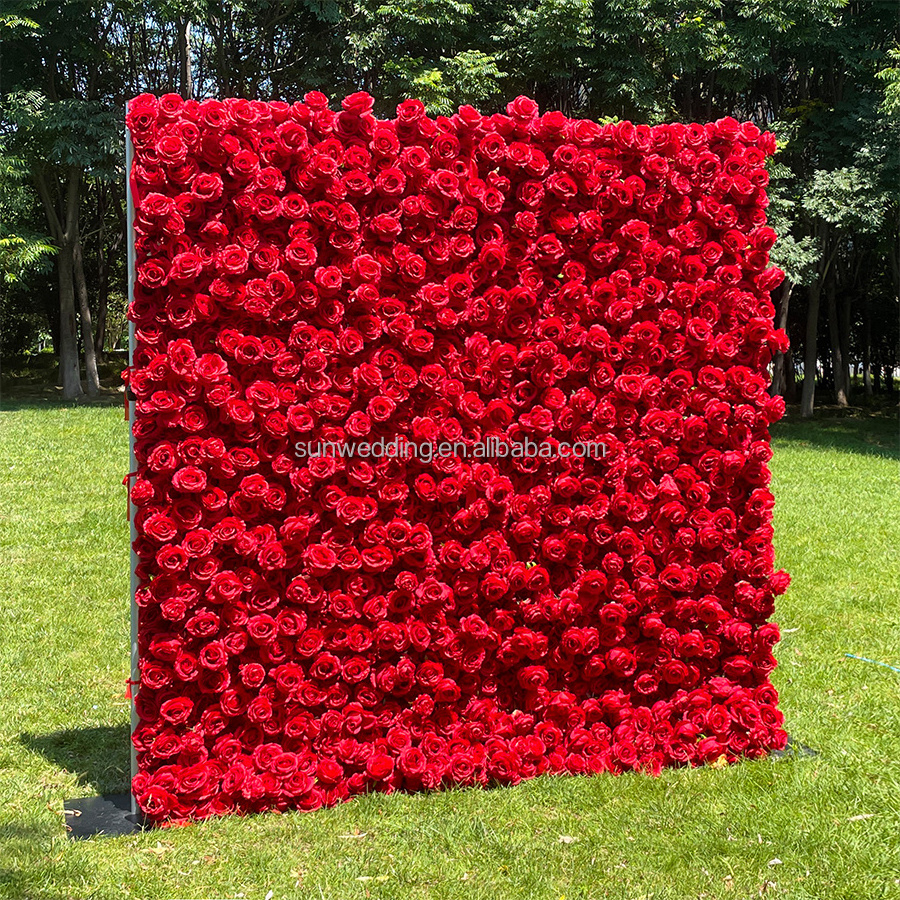 Sunwedding Silk 3D Artificial Flower Wall For Wedding Decoration Cloth Back Roll Up Red Rose Flower Wall