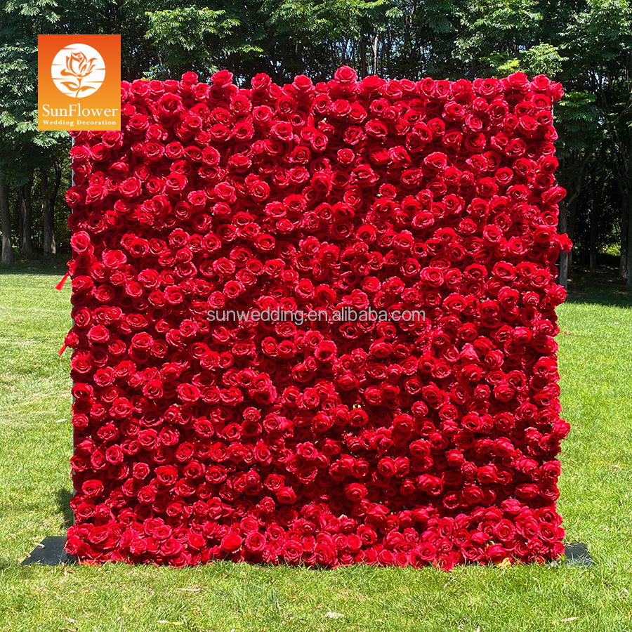 Sunwedding Silk 3D Artificial Flower Wall For Wedding Decoration Cloth Back Roll Up Red Rose Flower Wall