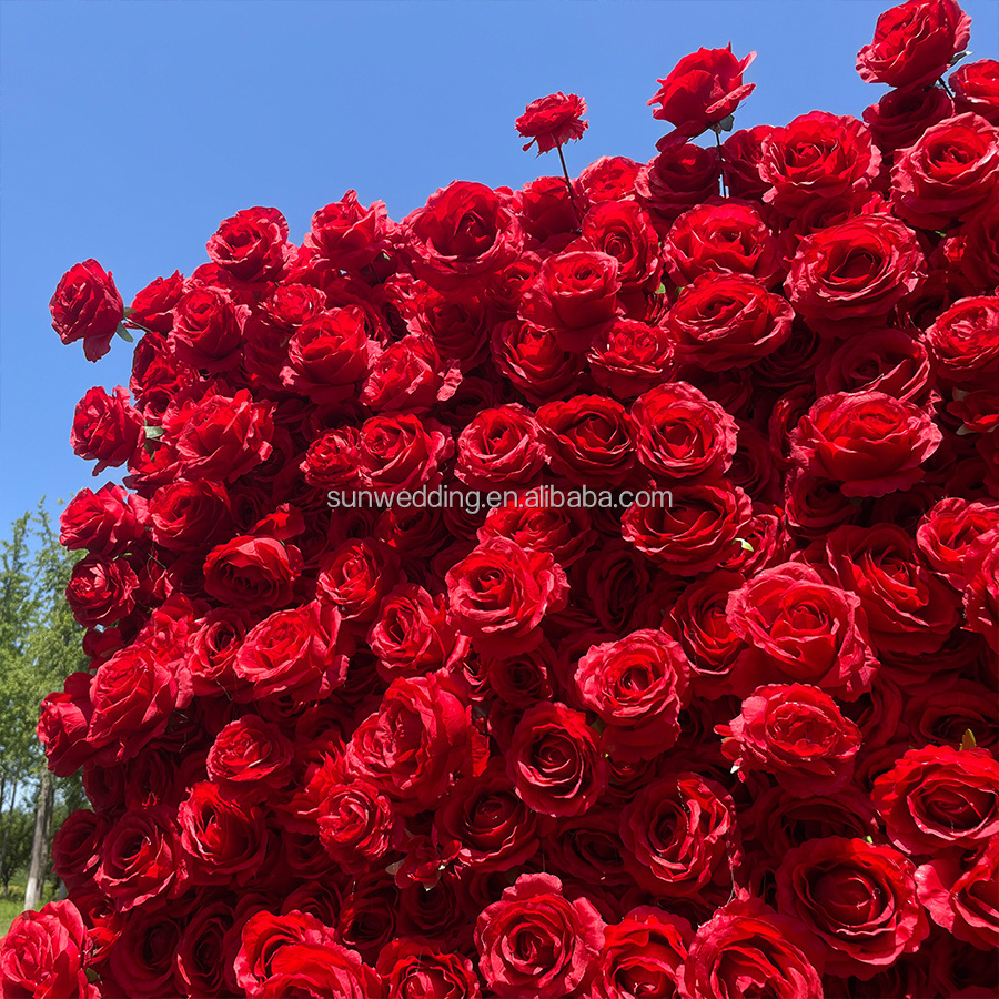 Sunwedding Silk 3D Artificial Flower Wall For Wedding Decoration Cloth Back Roll Up Red Rose Flower Wall