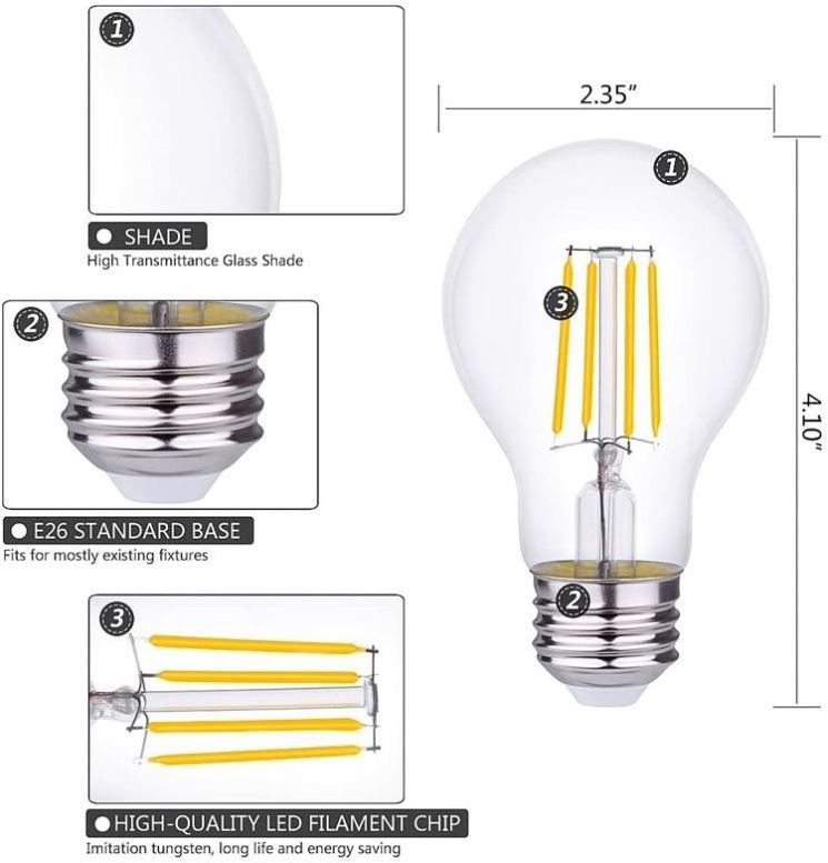 ETL PSE SAA FCC dimmable A60 A19 4w 6w 8w 10w 12w LED C7 Bulb edison filament