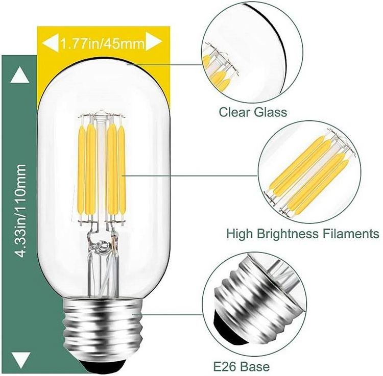 24v 12v 36v ETL PSE SAA FCC Dimmable T45 Filament Bulb 2w 4w 6w 8w Led Bulb E27 12w E26 E27 B22 3000K 4000K 6000K Candle Lights