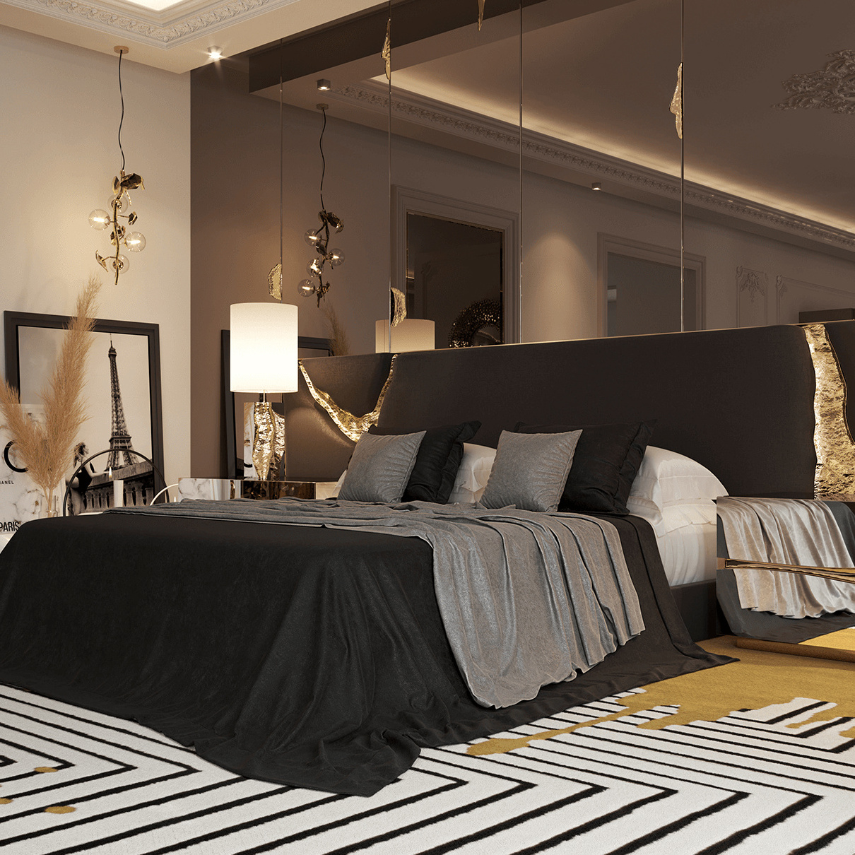 Big Gold Color headboard modern Luxury bedroom furniture Wooden frame Italian king size Bed black Velvet double bed