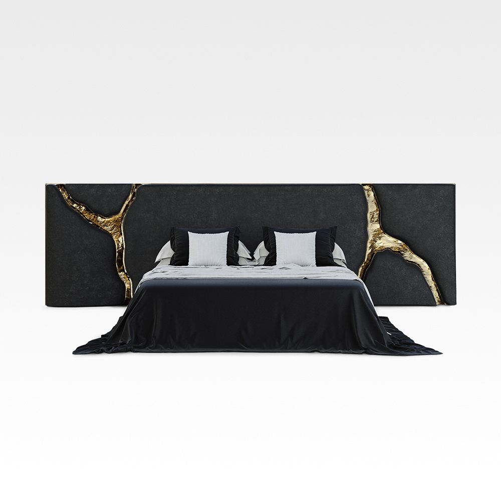 Big Gold Color headboard modern Luxury bedroom furniture Wooden frame Italian king size Bed black Velvet double bed