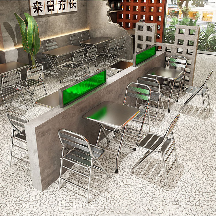 Industrial Style Barbecue Restaurant Furniture Stainless Steel Folding Dining Table Korean Fast Food Snack Shop Table And Chairs