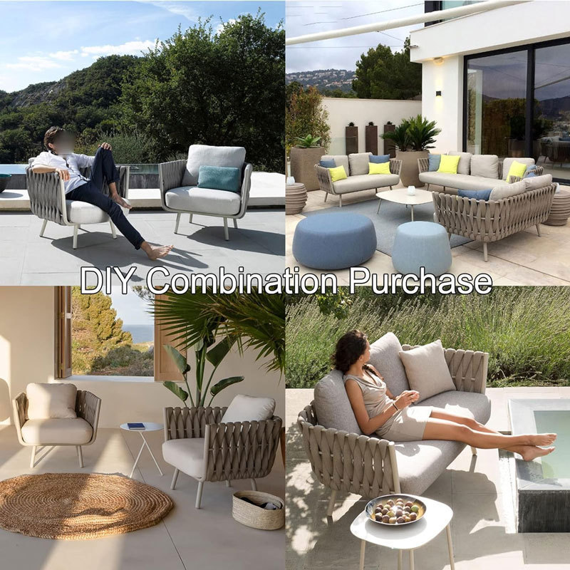 European Style Balcony Rope Sofa Wicker Rattan Sofa Patio Loveseat Aluminum Frame Garden Sofas Outdoor Furniture