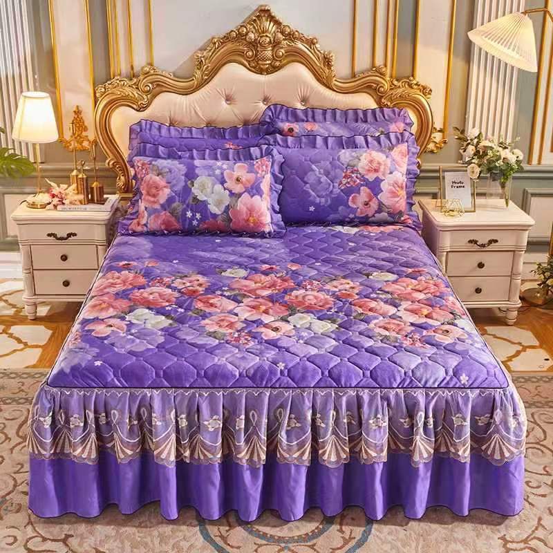 Sunwin Textile Wholesale Autumn Winter Quilted Crystal Velvet Bed Skirt Princess Style Lace Thickened Non-slip Bedspread