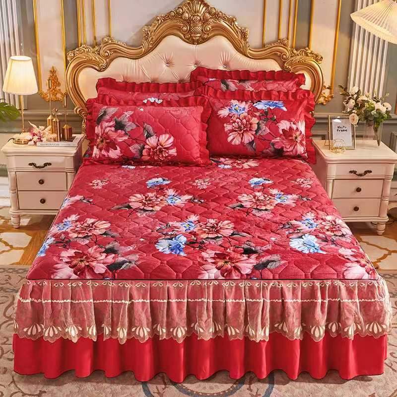 Sunwin Textile Wholesale Autumn Winter Quilted Crystal Velvet Bed Skirt Princess Style Lace Thickened Non-slip Bedspread