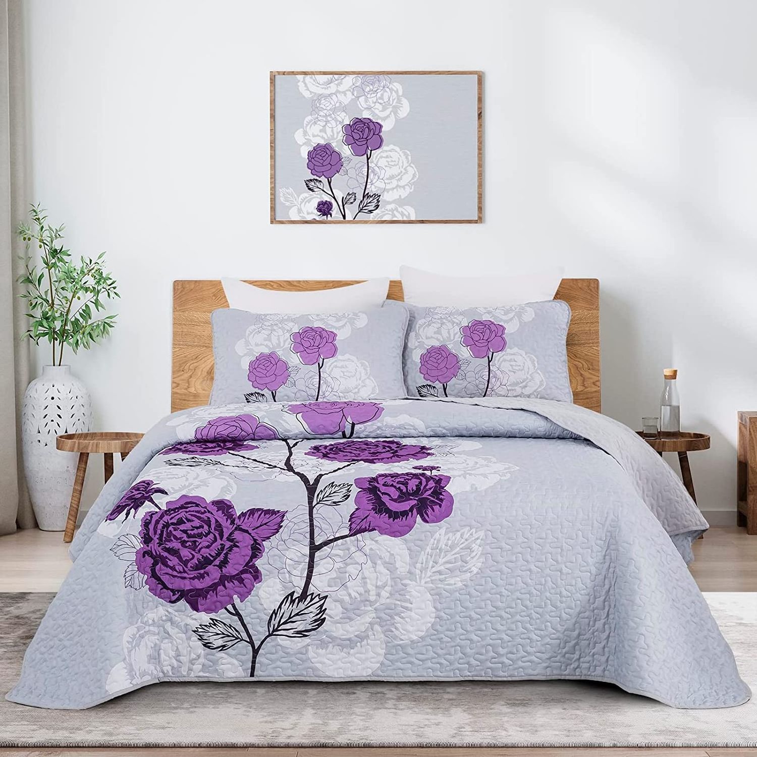 3 Pieces Soft Purple Bedspread King Size Bedding Set Floral Quilt Set King Size for All-Season