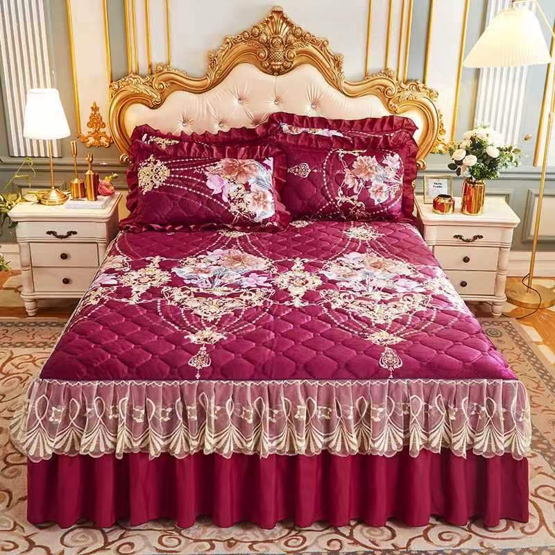 Sunwin Textile Wholesale Autumn Winter Quilted Crystal Velvet Bed Skirt Princess Style Lace Thickened Non-slip Bedspread