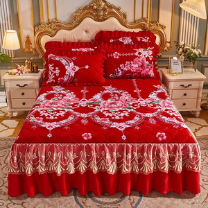 Sunwin Textile Wholesale Autumn Winter Quilted Crystal Velvet Bed Skirt Princess Style Lace Thickened Non-slip Bedspread